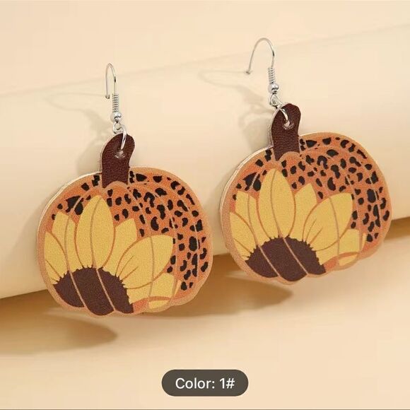 Fall Pumpkin Design Plaid & Leopard Pattern Dangle Earrings PU Leather - Picture 1 of 2